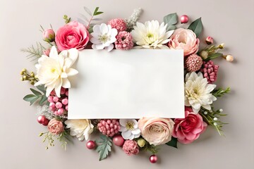 Mockup featuring a blank white card framed by a luxurious floral arrangement on a neutral beige background. Perfect for wedding table numbers, event signage, or romantic branding.