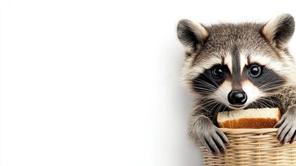   A raccoon in a basket holding a sandwich, gazing at the camera