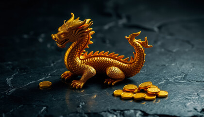Fototapeta premium Golden Dragon Figurine with Coins on Black Background