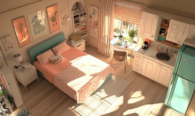 Interior design of a rectangle room for elderly , has a bed, a sofa and small table, a closet, a small terrace with chairs and table, a mini kitchen countertop to make a cup of coffee