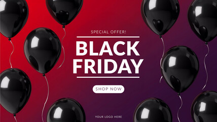 Black Friday Sale Background with Black Balloons and Red Gradient, Generative AI