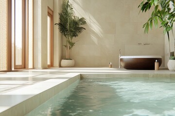 Tranquil indoor spa area with modern bathtub and natural lighting during daytime relaxation