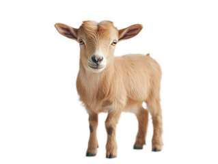 Young goat standing confidently against a transparent background while looking directly at the viewer, showcasing its playful nature and charm