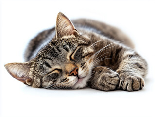 Fototapeta premium Relaxed tabby cat sleeping peacefully on a white surface in a cozy indoor setting during the daytime
