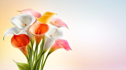 Obraz premium Enchanting Calla Lily Bouquet in Dreamy Watercolor Impression Against Moody Sky Backdrop