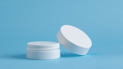 White cosmetic containers on a light blue backdrop showcasing minimalist design and elegance