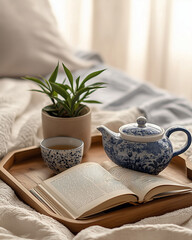 A tea set arranged on a tray with a small potted plant and a poetry book beside it