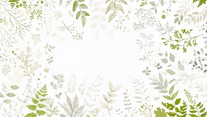 Fototapeta premium Lush botanical background with various green leaves and plants on a light surface with copy space