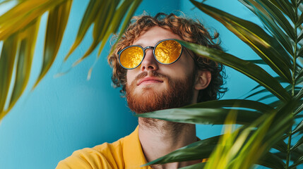 A person in yellow clothing surrounded by plant leaves, gazing upward with sunglasses.