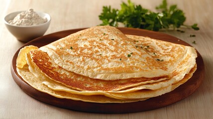Deliciously golden crepes stacked on a wooden platter with herbs and flour on the side