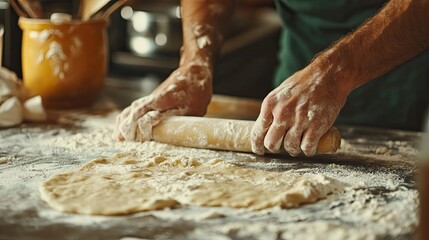 Fototapeta premium Hands Rolling Out Dough with Flour on a Table