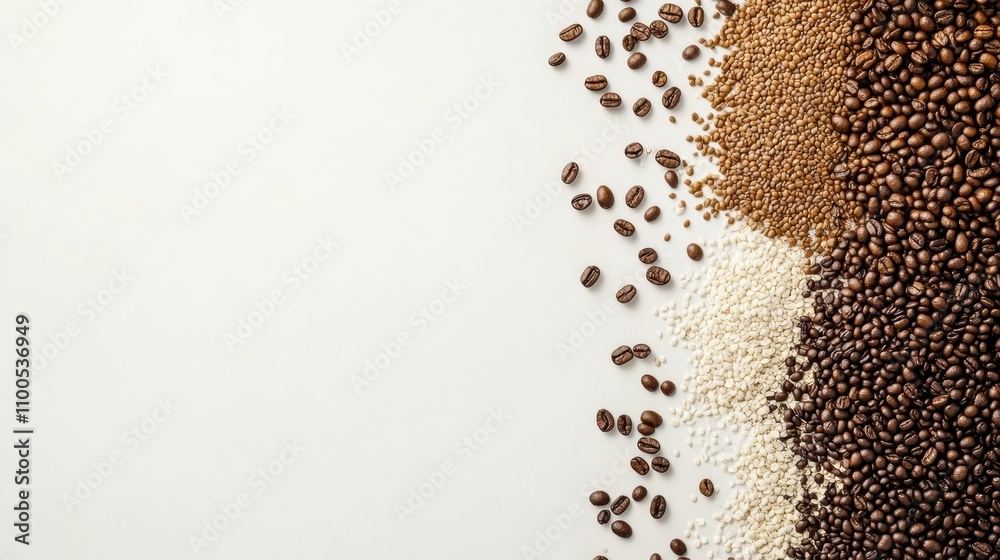 Fototapete a variety of coffee beans are spread out on a white background, showcasing different types and textu