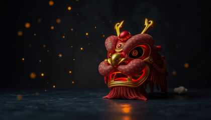 A vibrant and detailed lion dance dragon head used during Chinese New Year celebrations, sparkling with festive lights.