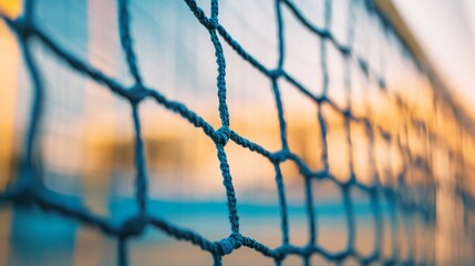 A detailed view of a volleyball net with a focus on the mesh and boundary tape, outdoor setting on a beach court, Casual style