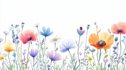 Fototapeta premium A painting of a ladybug atop a flower amidst a field of blossoms
