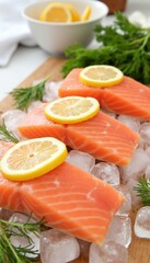 Raw salmon steaks rest on an ice cube with lemon slices on them. Sushi and rolls. Fish dishes. Useful food. For posters, banners, backgrounds.