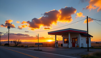 Obraz premium Sunset gas station red white nostalgic landscape golden hour peace serenity travel 