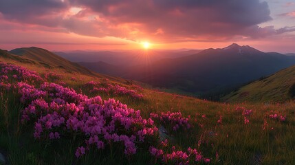 A beautiful sunrise over the Carpathian Mountains hills