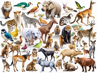 Fototapeta premium 100 Unique Animal Illustrations for Creative Projects, Showcasing a Diverse Range of Wildlife from Domestic Pets to Exotic Creatures, Ideal for Educational and Artistic Use