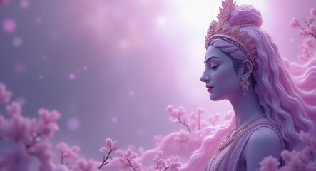 Hindu goddess Saraswati, on a light lilac background. Diwali, Gudi, Navratri. Religion and culture. Goddess mother. Trinity. For banner, poster, background. With copy space