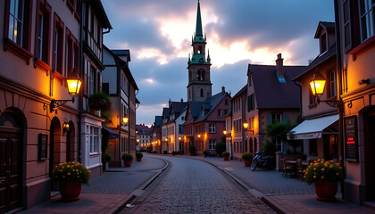 Obraz premium Romantic twilight cobblestone street warm orange, cool purple fairytale, peaceful, evening charming town 