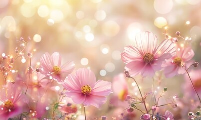 Pink Cosmos Flowers in a Field of Sunlight