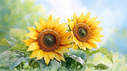 Obraz premium Vibrant Watercolor Sunflowers With Textured Leaves In A Botanical Garden Landscape