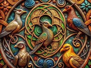 Naklejka premium Abstract Animals and Birds in Celtic Style with Intricate Patterns and Textures for Macro Photography Enthusiasts and Nature Lovers