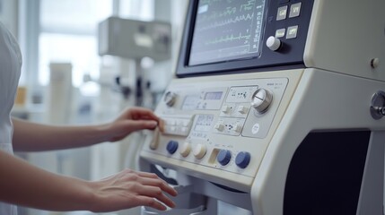 Close-up of a physiotherapist operating a magnetic therapy machine, focusing on the control panel and applicator, showcasing advanced medical technology and modern rehabilitation equipment.