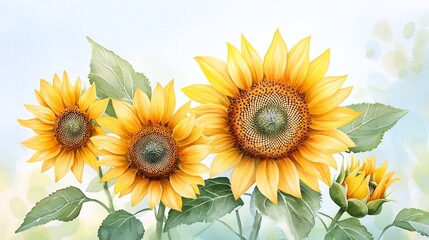 Fototapeta premium Vibrant Watercolor Sunflowers with Textured Brushstrokes and Lush Foliage