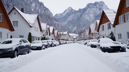 Fototapeta premium A quaint village features snow-covered buildings and decorated storefronts. Cars line the street, while snowflakes gently fall amid a serene winter evening atmosphere