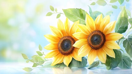 Obraz premium Vibrant Watercolor Sunflowers with Textured Petals and Lush Foliage
