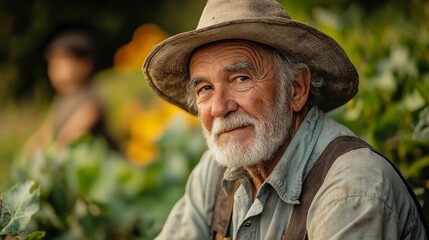 Fototapeta premium Elderly Farmer Smiling Outdoors Wearing A Hat