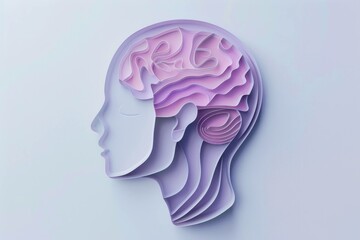 Obraz premium Artistic paper cutout representation of a human head with a layered brain design, showcasing creativity and mental processes in soft purple tones.