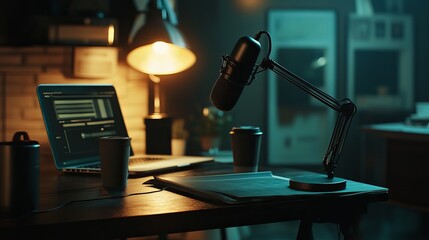 Interior of a home studio for podcasts. Close-up of a microphone, laptop, and air bulb on a table.