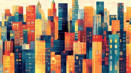 Vibrant Abstract Urban Cityscape Depicting a Colorful Metropolis Skyline in Cubist Style Art