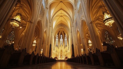 Fototapeta premium Majestic Cathedral Interior with Grand Arches and Illuminating Chandeliers Captured Elegantly