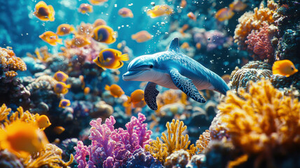 Fototapeta premium A brave little diver exploring a vibrant underwater kingdom, surrounded by friendly sea creatures such as dolphins, turtles, and seahorses, showcasing the beauty of marine life.