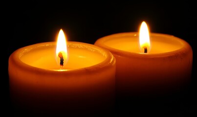 Two burning candles with a soft glow in the dark