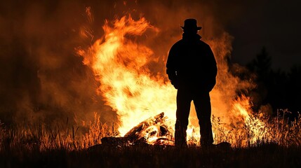 Obraz premium Silhouette of a Man Standing in Front of a Large Bonfire