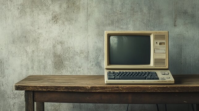 An outdated PC resting on an old wooden table against a concrete wall.