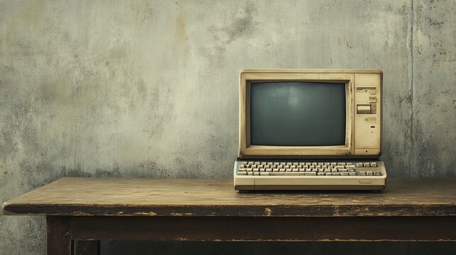 An outdated PC resting on an old wooden table against a concrete wall.