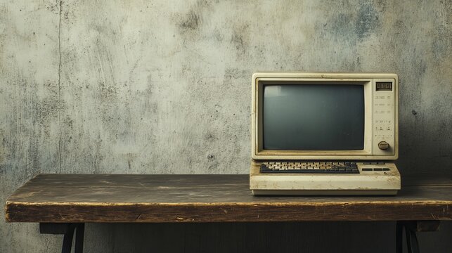 An outdated PC resting on an old wooden table against a concrete wall.