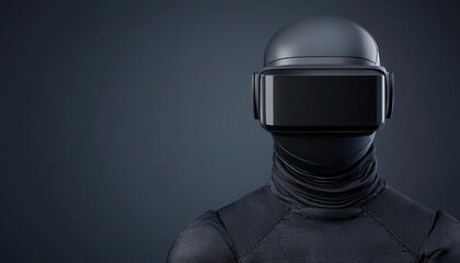 A futuristic figure in a sleek, black outfit and VR headset stands against a dark background, embodying advanced technology and virtual reality themes.