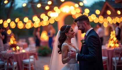 Romantic wedding night, bride's white dress, groom's dark suit, warm golden lights, joyful love 
