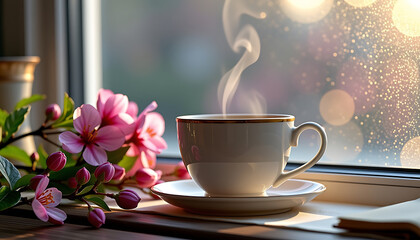 Obraz premium Warm spring morning tea pink flowers white cup serenity peace 