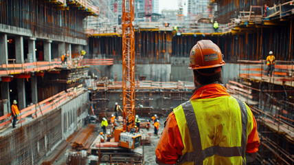 Obraz premium A vibrant construction site scene featuring cranes, scaffolding, and workers in safety gear, actively engaged in building and renovation activities, showcasing the energy of construction.