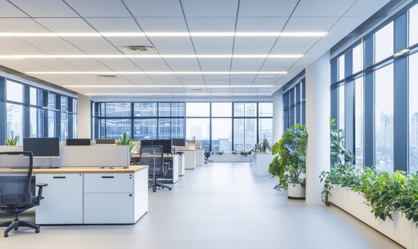 White square LED down lights are installed in an office interior showcasing the modern design and lighting, featuring suspended white square tiles on high ceilings