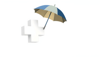 A medical cross and an umbrella over it. Symbol of health insurance and life protection isolated with white highlights, png
