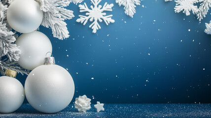 minimalist and elegant Christmas scene featuring white ornaments and snowflakes against a deep blue background.